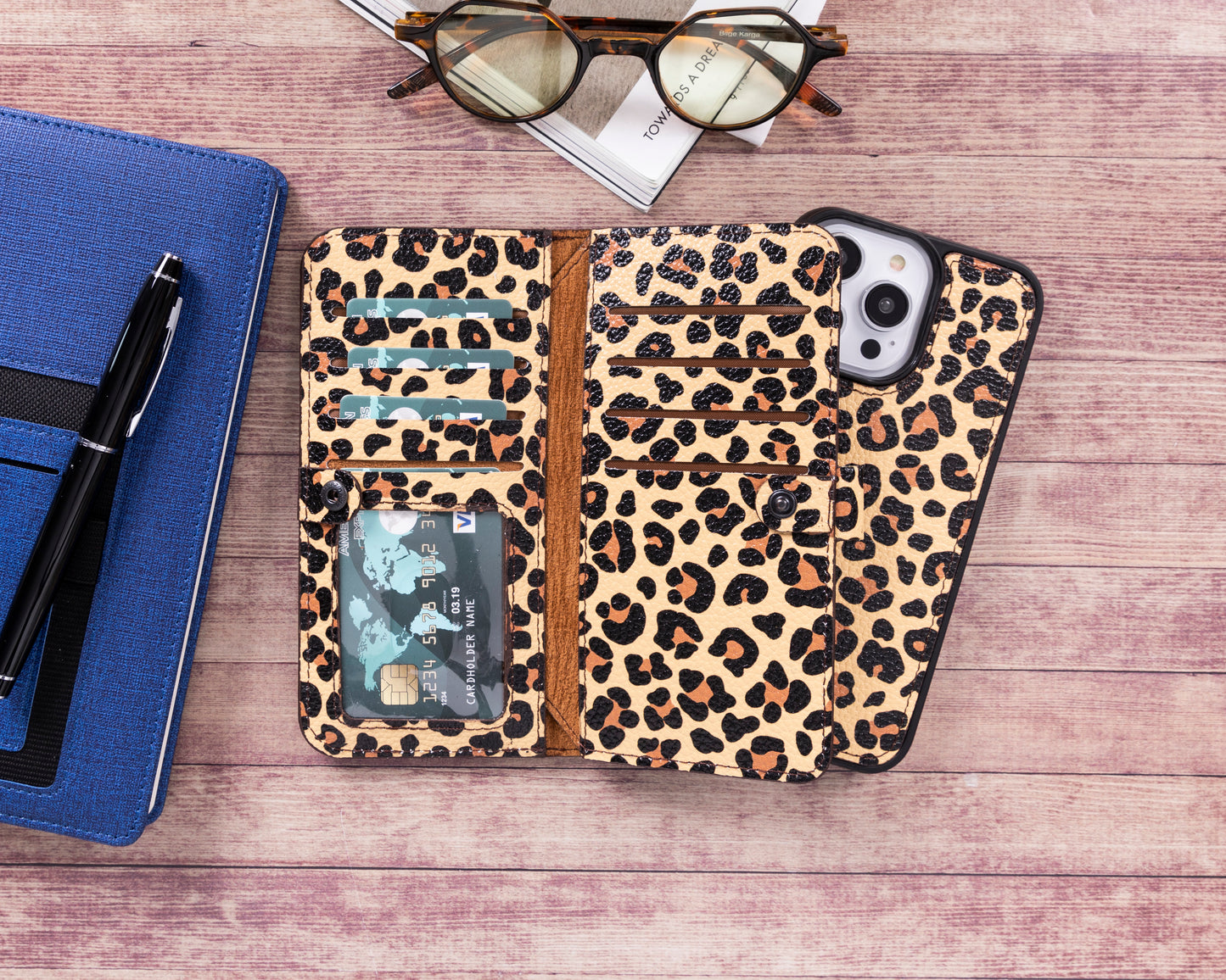 iPhone 14 Pro Max (6.7") Leather MagSafe RFID Detachable Double Wallet Case - Leopard