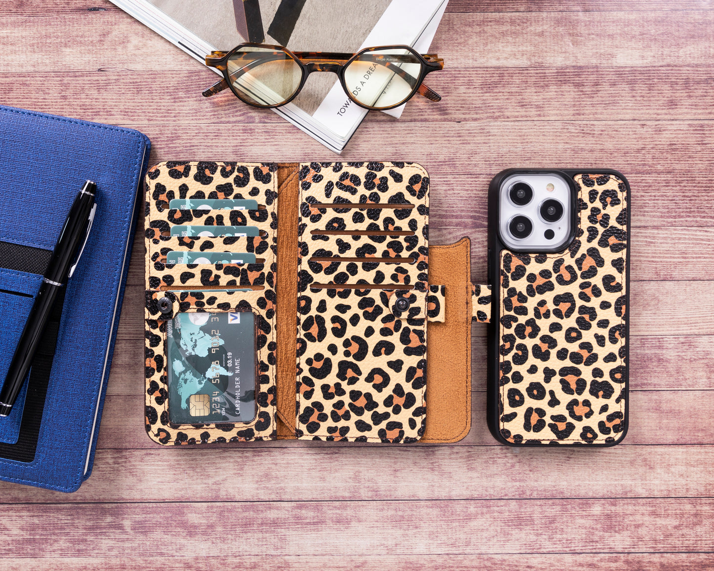 iPhone 14 Pro Max (6.7") Leather MagSafe RFID Detachable Double Wallet Case - Leopard