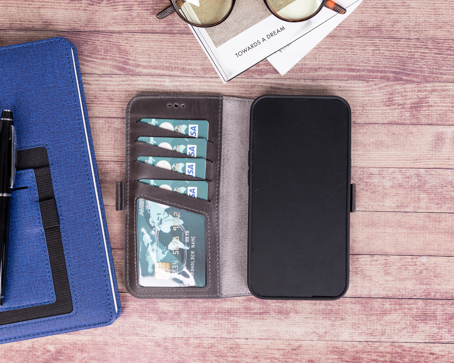 iPhone 13 Mini (5.4") Leather MagSafe Stand Wallet Case RFID Protection - Rustic Black