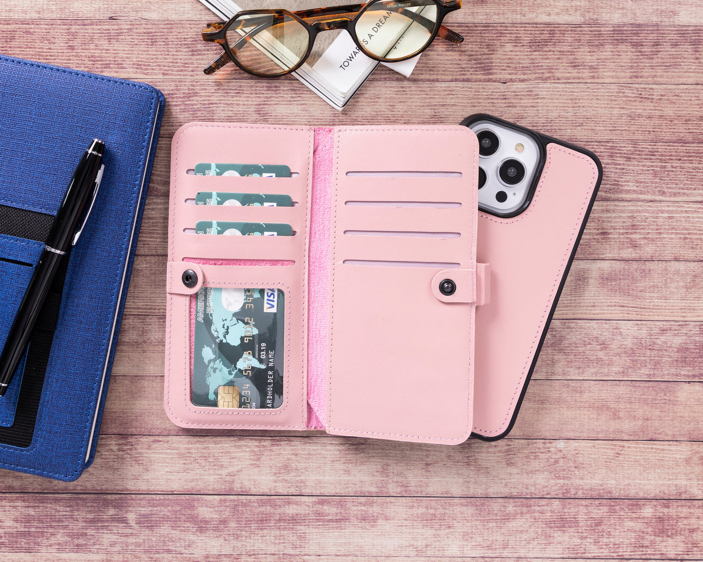 iPhone 14 Pro Max (6.7") Leather MagSafe RFID Detachable Double Wallet Case - Pink