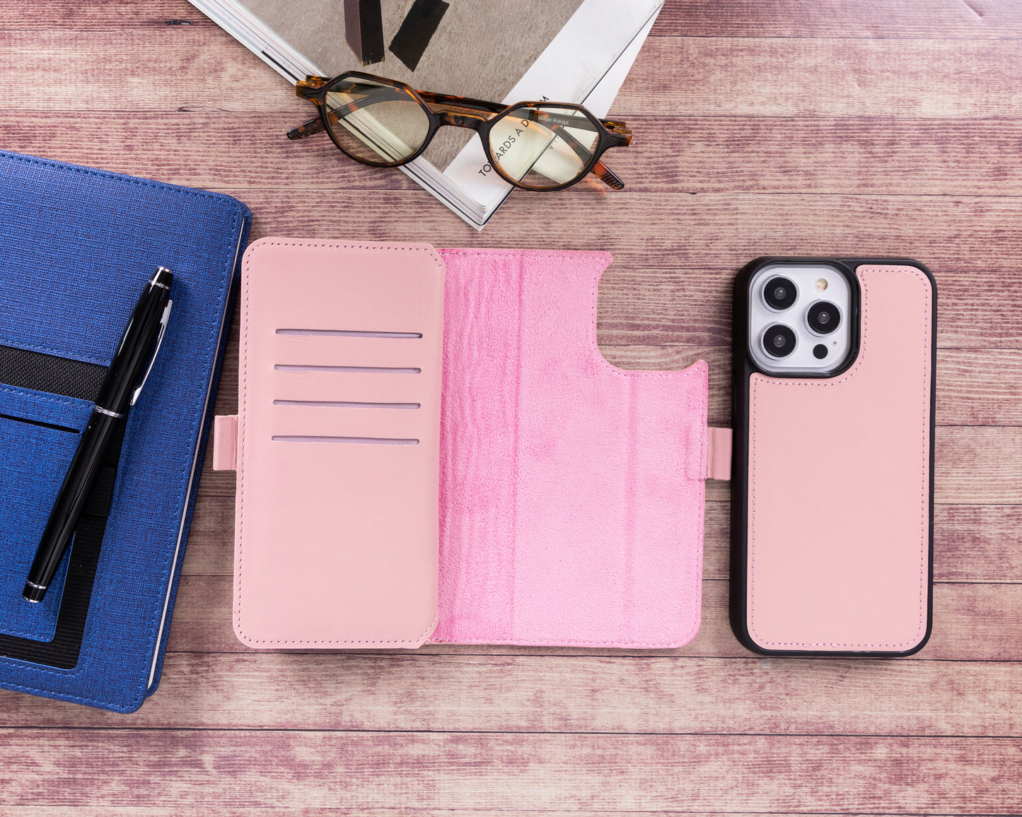 iPhone 14 Pro Max (6.7") Leather MagSafe RFID Detachable Double Wallet Case - Pink