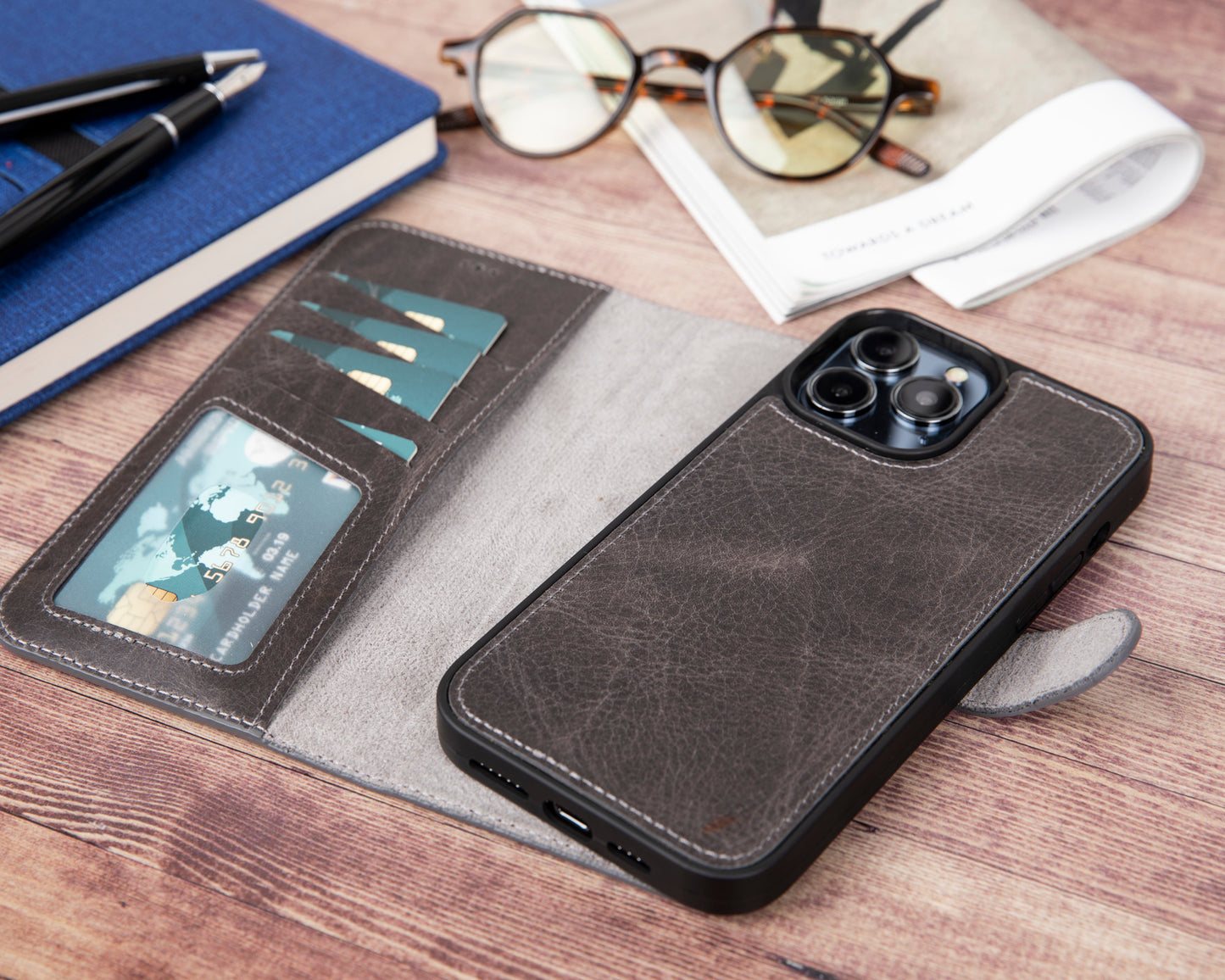 iPhone 13 Pro Max (6.7") Leather MagSafe RFID Magnetic Detachable Wallet Case - Rustic Black