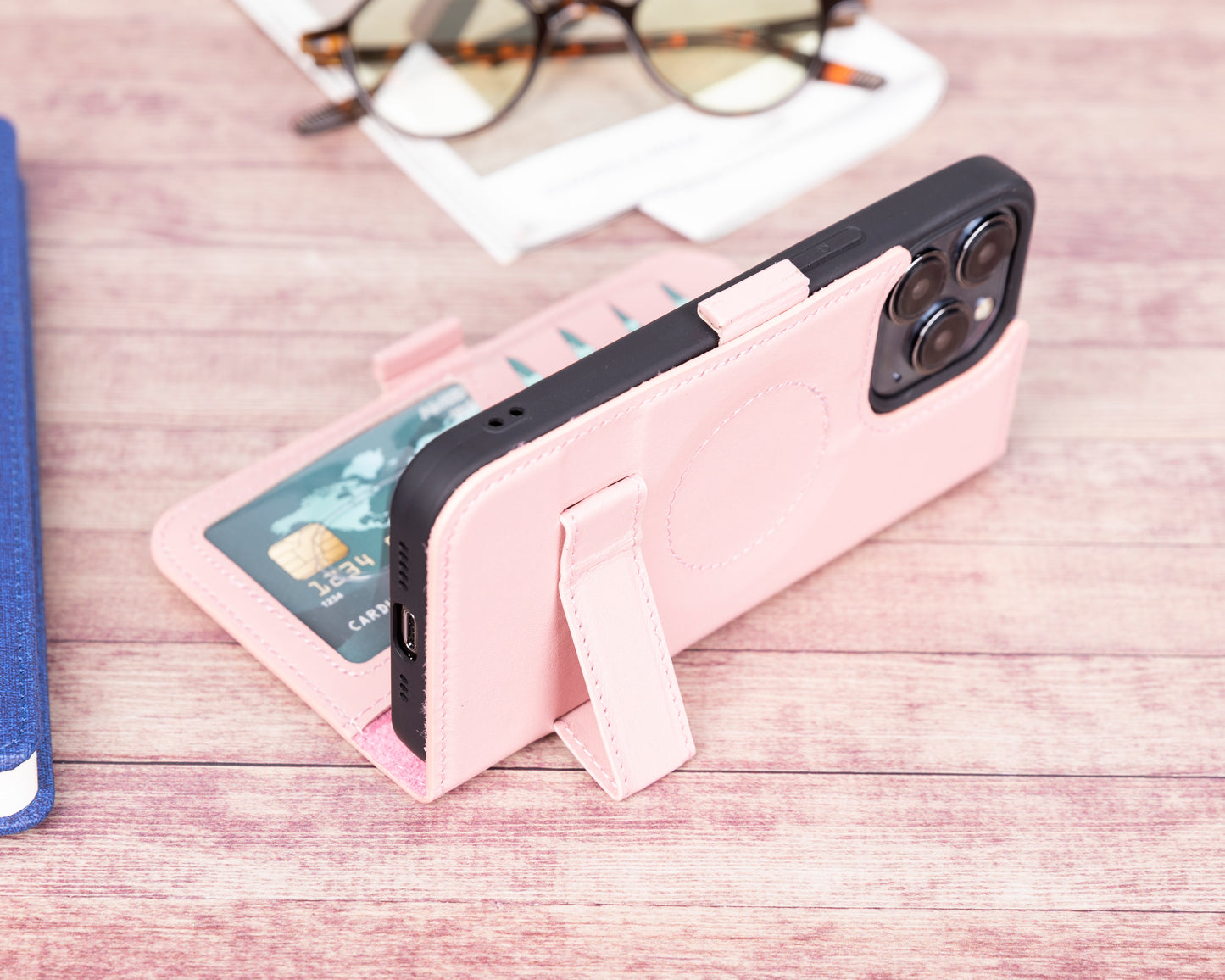 iPhone 13 Pro (6.1") Leather MagSafe Stand Wallet Case RFID Protection - Pink