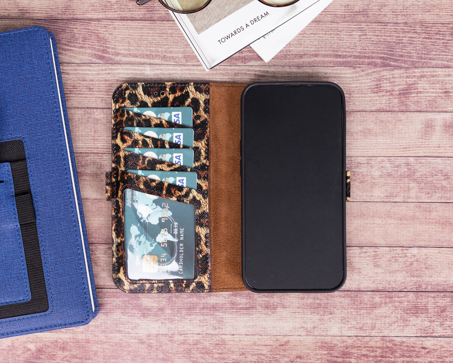 iPhone 13 Pro (6.1") Leather MagSafe Stand Wallet Case RFID Protection - Black Leopard
