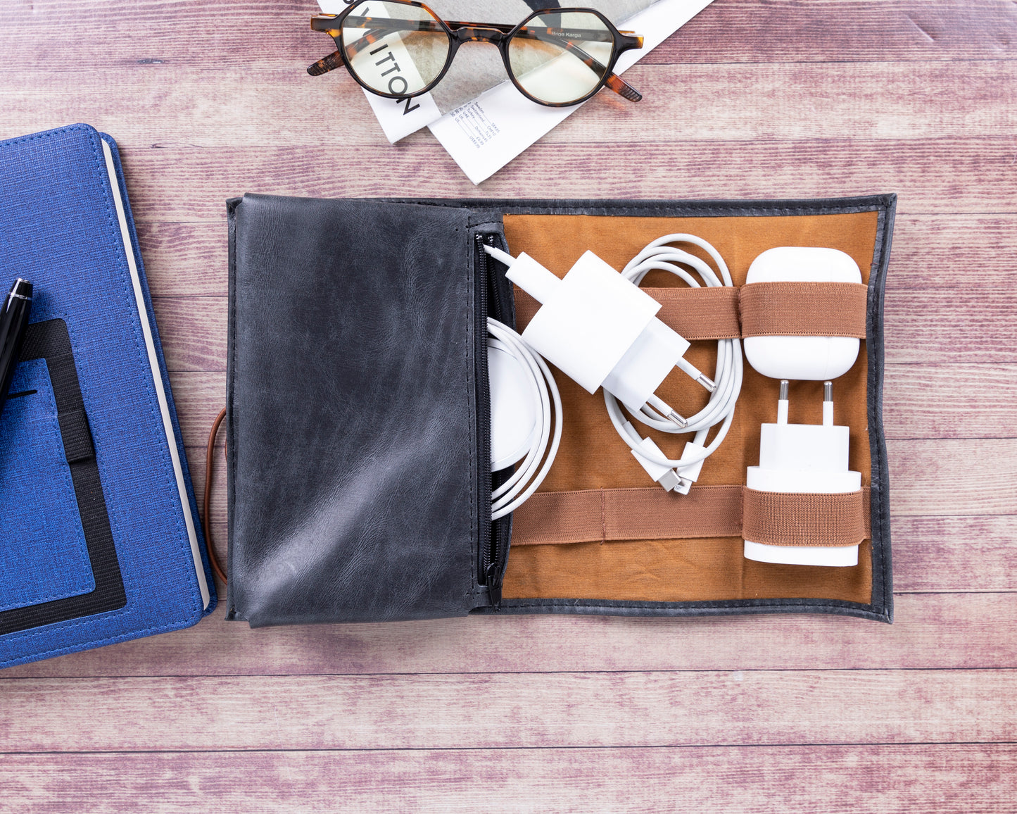 Leather Cable Organizer - Rustic Black