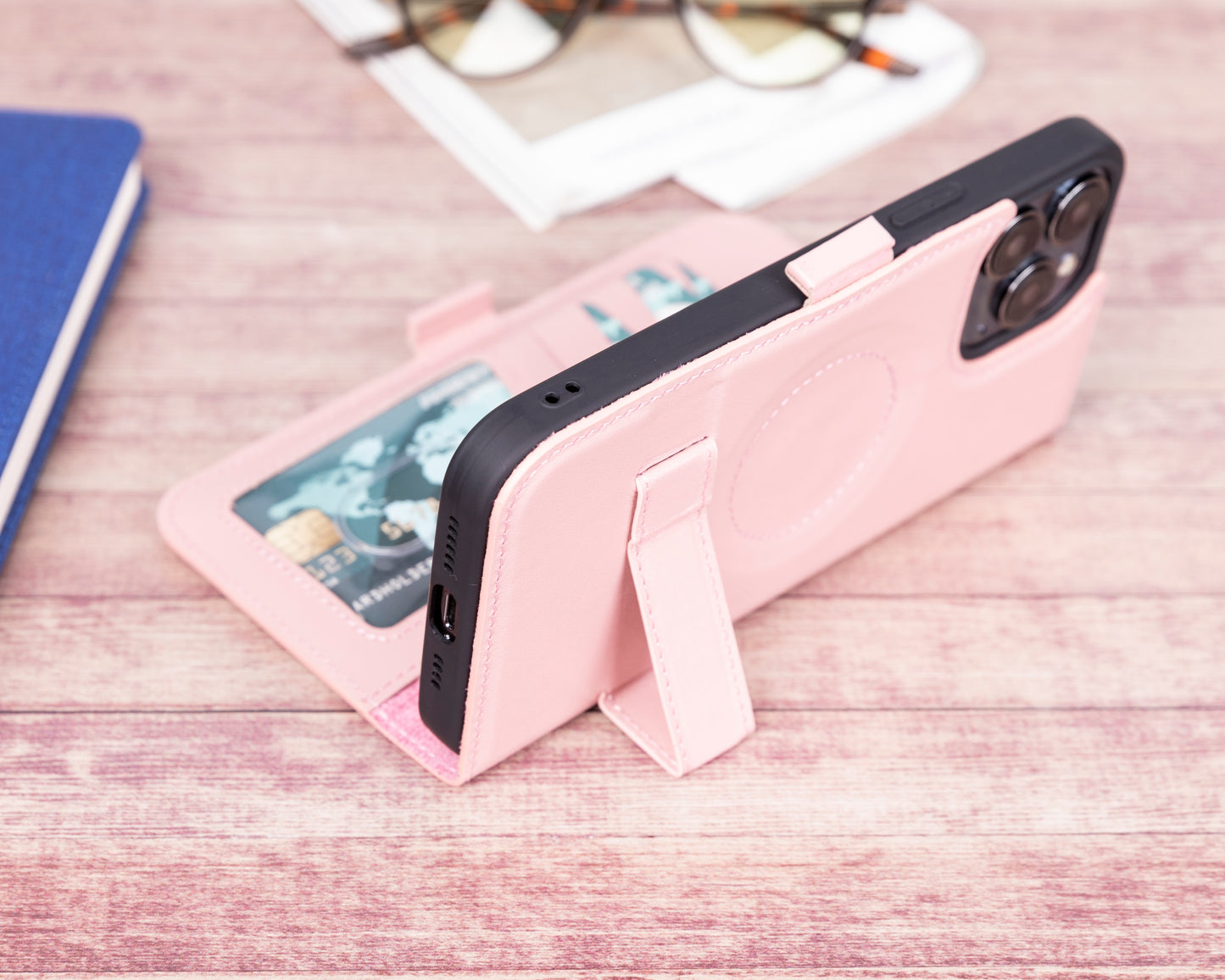 iPhone 13 Pro Max (6.7") Leather MagSafe Stand Wallet Case RFID Protection - Pink