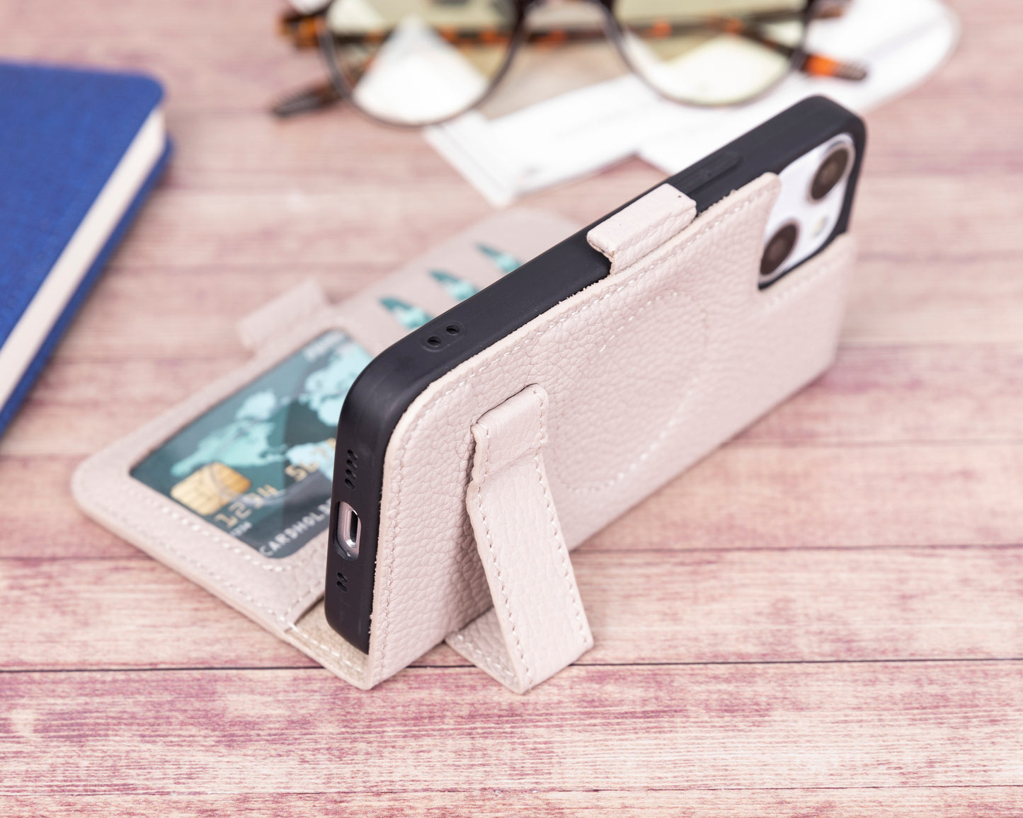 iPhone 13 Mini (5.4") Leather MagSafe Stand Wallet Case RFID Protection - Beige