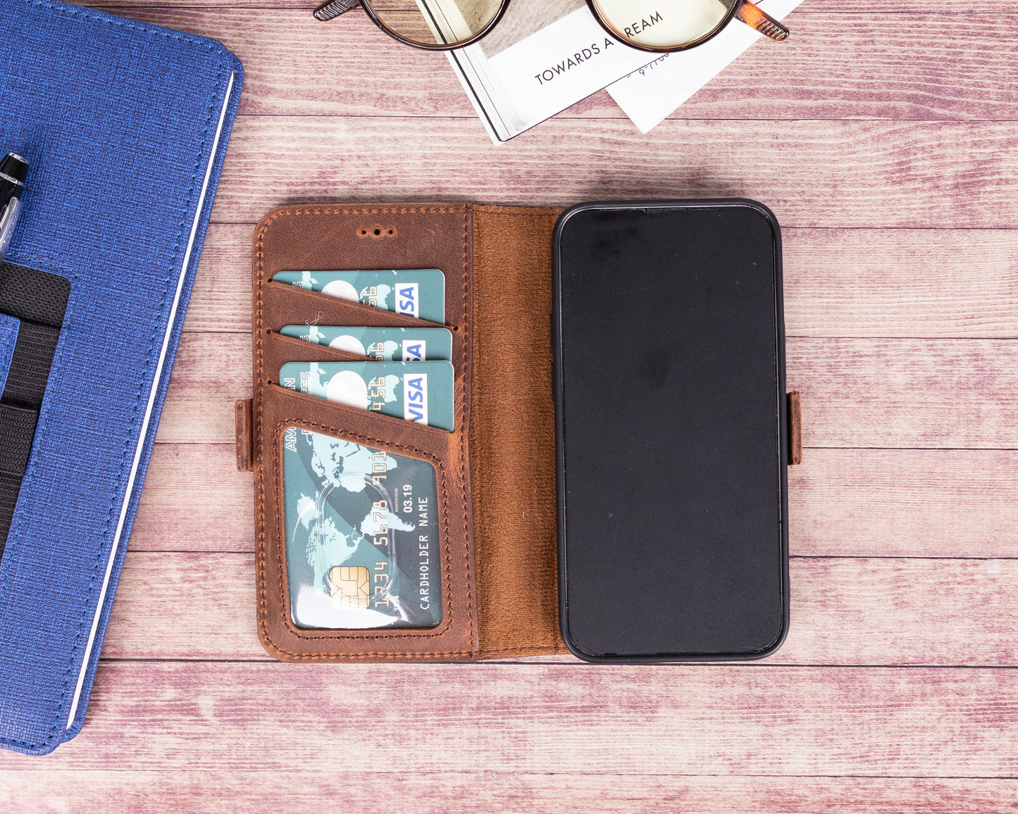 iPhone 13 Mini (5.4") Leather MagSafe Stand Wallet Case RFID Protection - Teak Brown