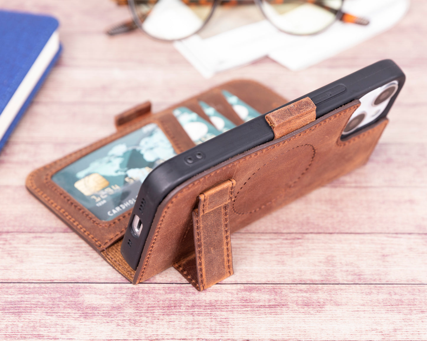 iPhone 13 Mini (5.4") Leather MagSafe Stand Wallet Case RFID Protection - Teak Brown