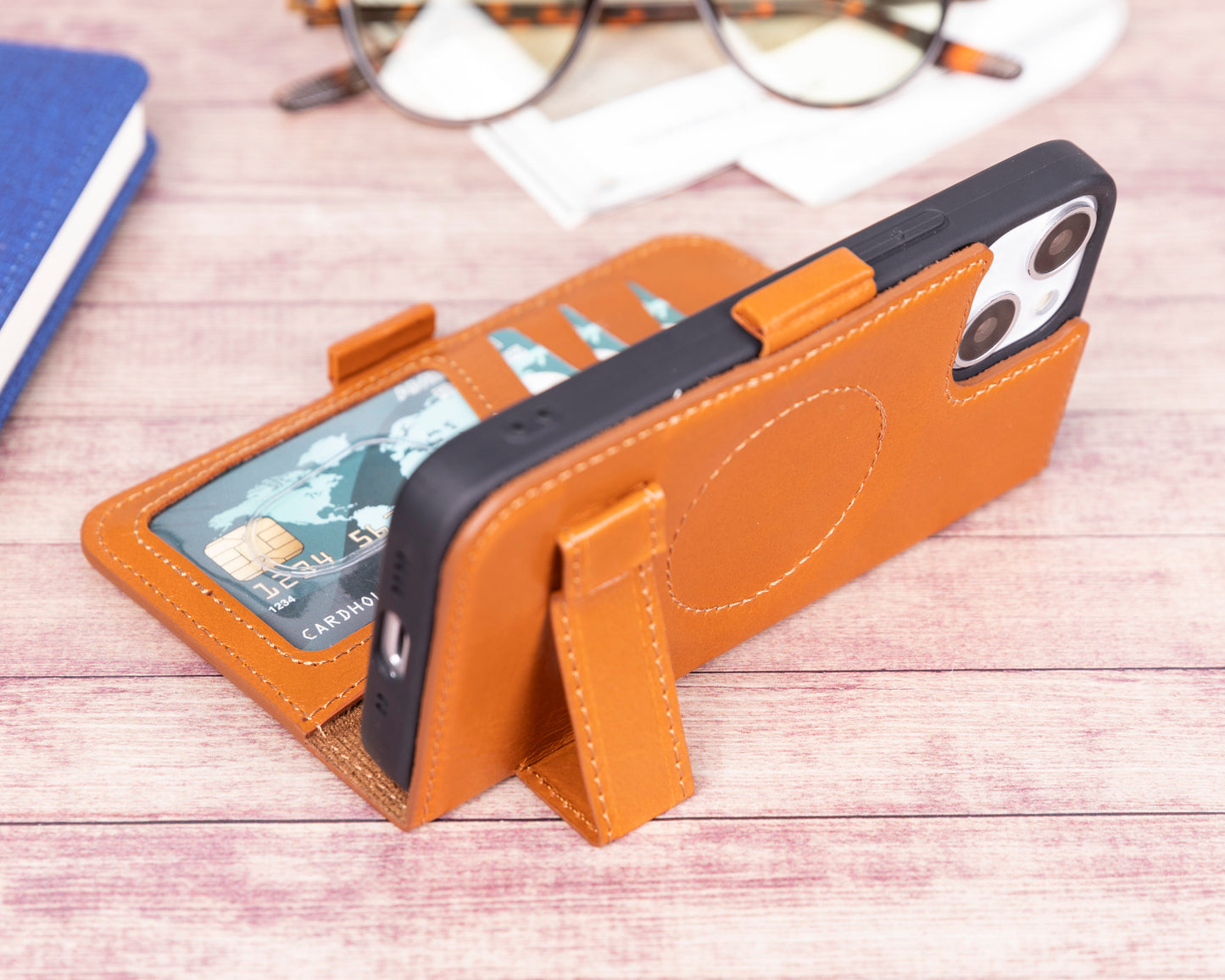 iPhone 13 Mini (5.4") Leather MagSafe Stand Wallet Case RFID Protection - Brown
