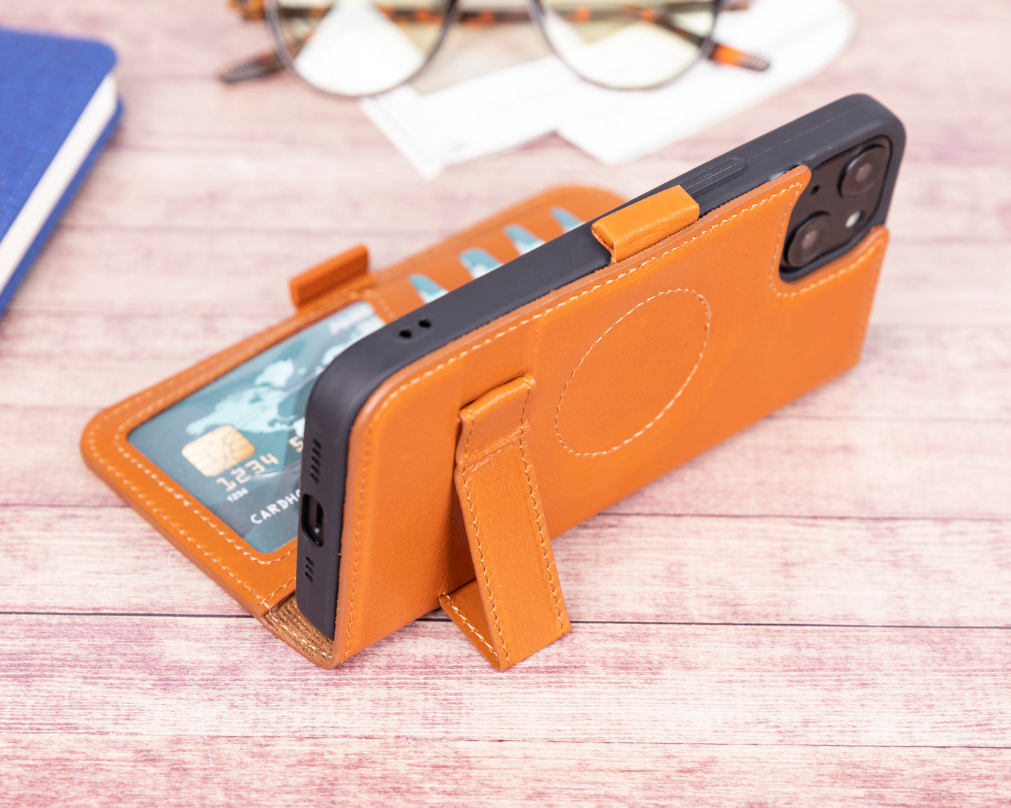 iPhone 13 (6.1") Leather MagSafe Stand Wallet Case RFID Protection - Brown