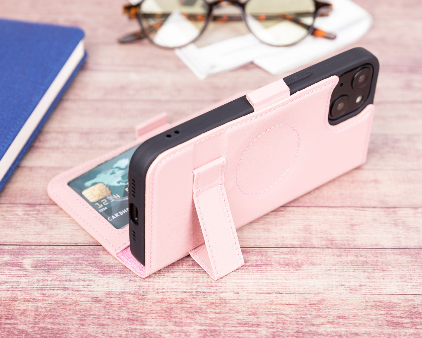 iPhone 13 (6.1") Leather MagSafe Stand Wallet Case RFID Protection - Pink