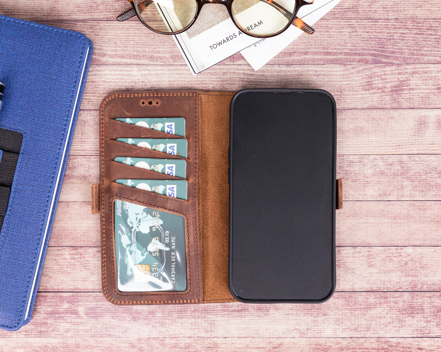 iPhone 13 Pro Max (6.7") Leather MagSafe Stand Wallet Case RFID Protection - Teak Brown