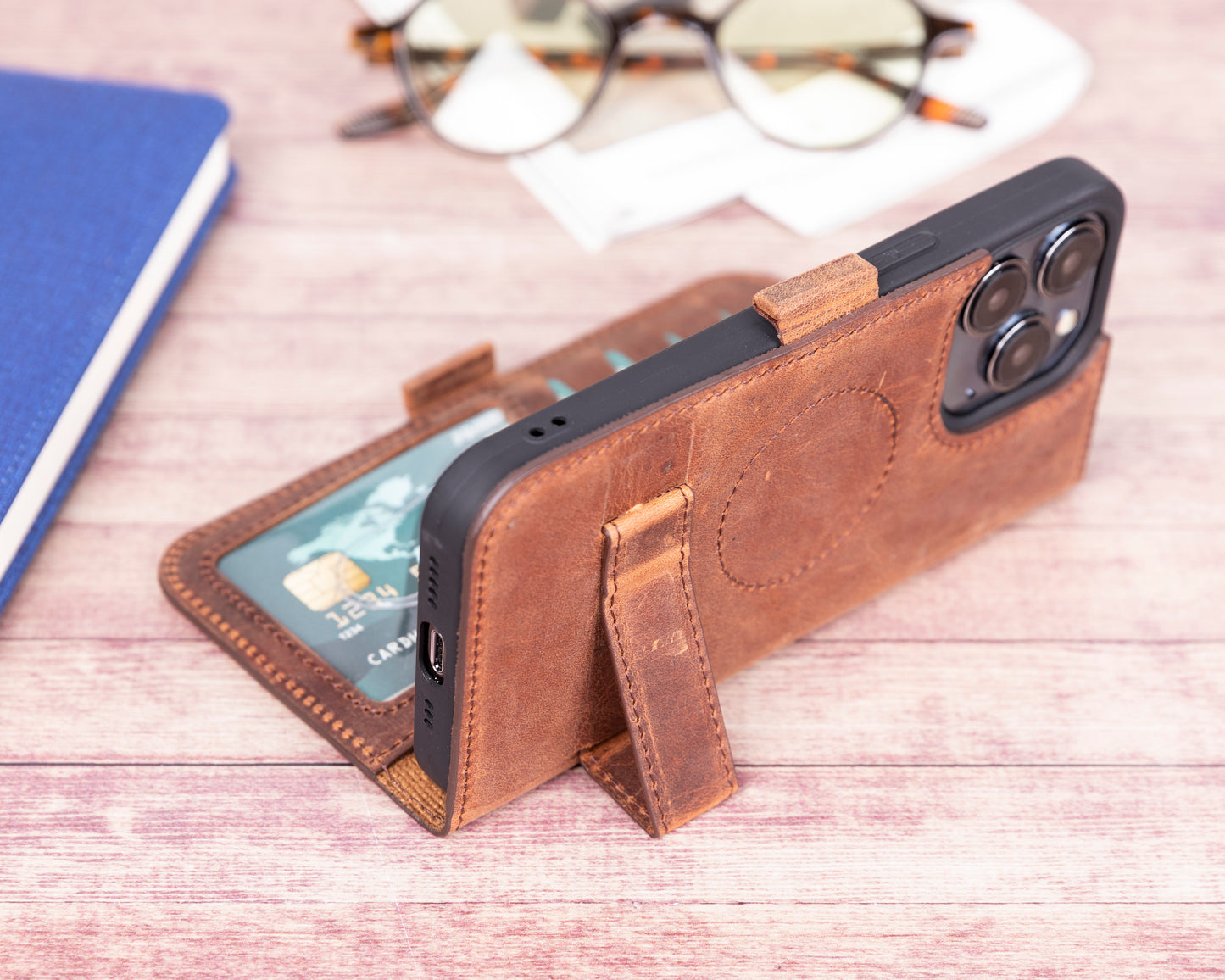 iPhone 13 Pro Max (6.7") Leather MagSafe Stand Wallet Case RFID Protection - Teak Brown