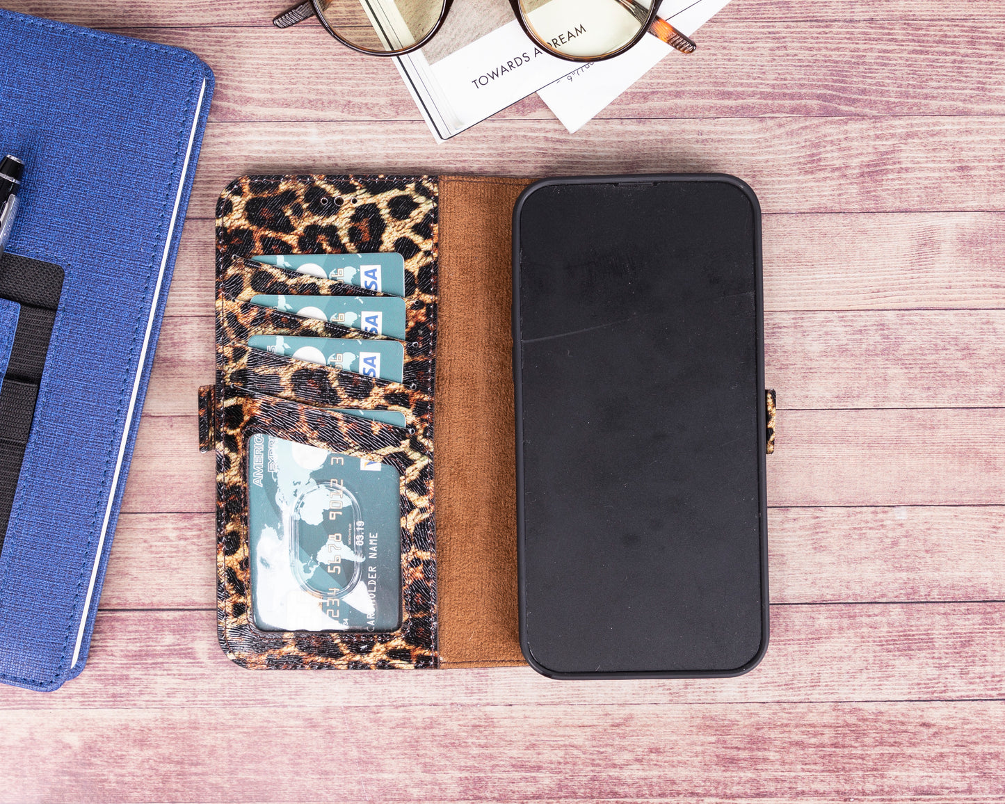 iPhone 13 Pro Max (6.7") Leather MagSafe Stand Wallet Case RFID Protection - Black Leopard