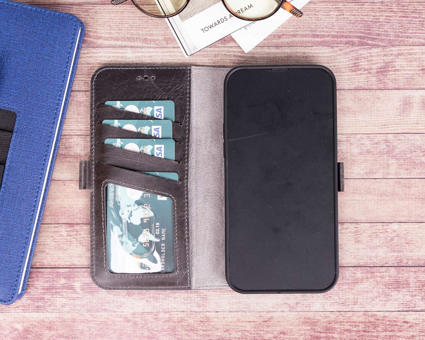 iPhone 13 Pro Max (6.7") Leather MagSafe Stand Wallet Case RFID Protection - Rustic Black