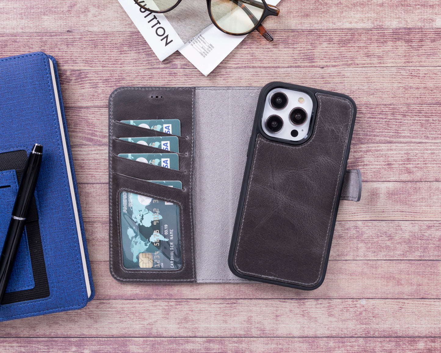 iPhone 14 Pro Max (6.7") Leather MagSafe RFID Detachable Wallet Case - Rustic Black