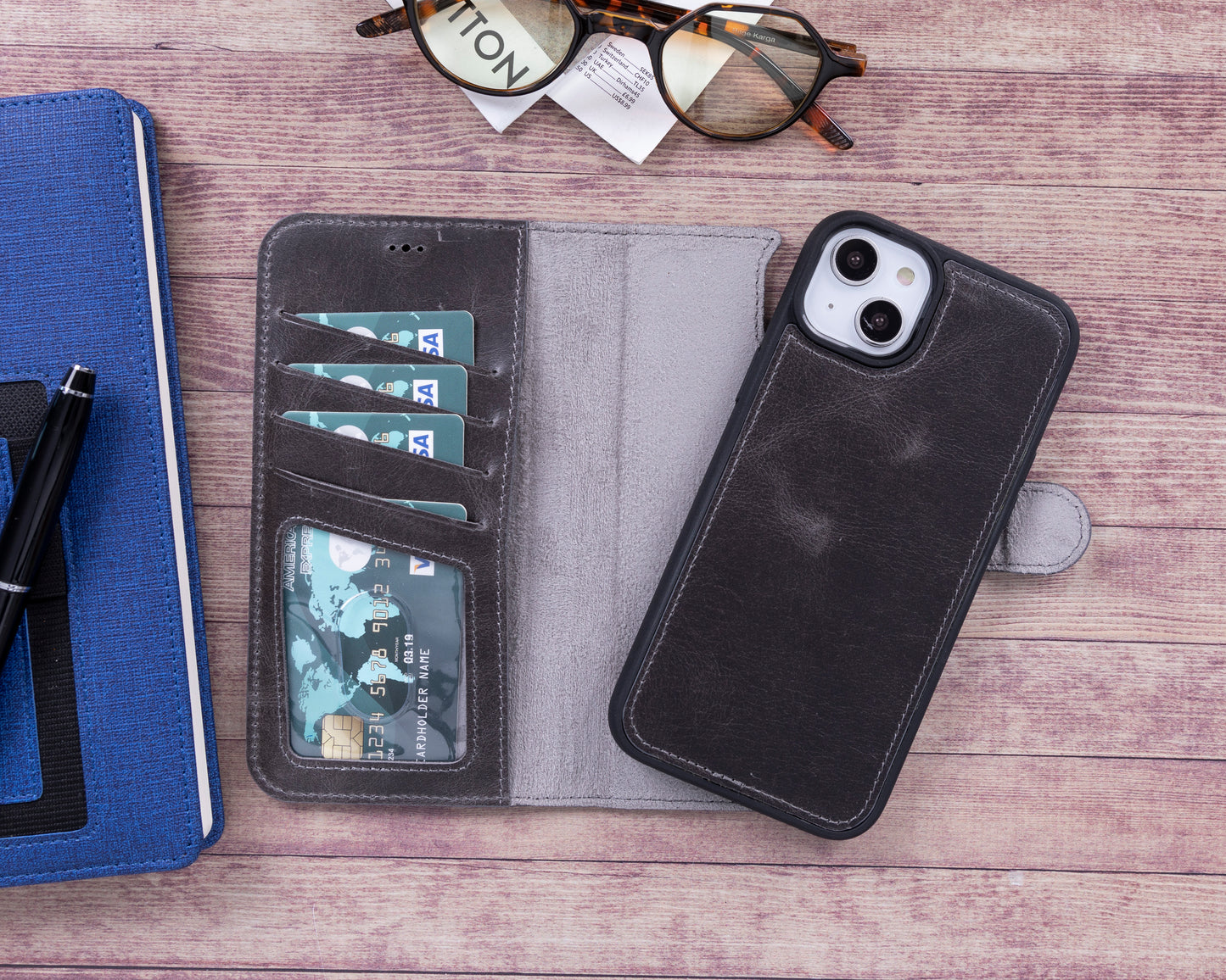 iPhone 14 Plus (6.7") Leather MagSafe RFID Detachable Wallet Case - Rustic Black
