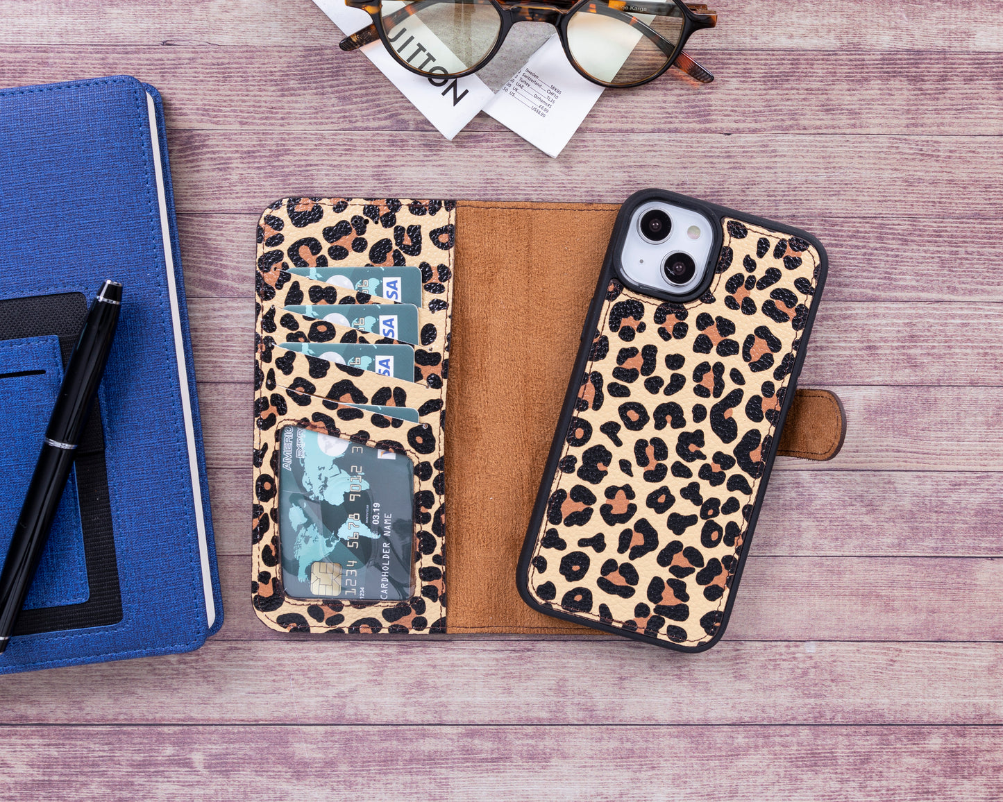 iPhone 14 Plus (6.7") Leather MagSafe RFID Detachable Wallet Case - Leopard