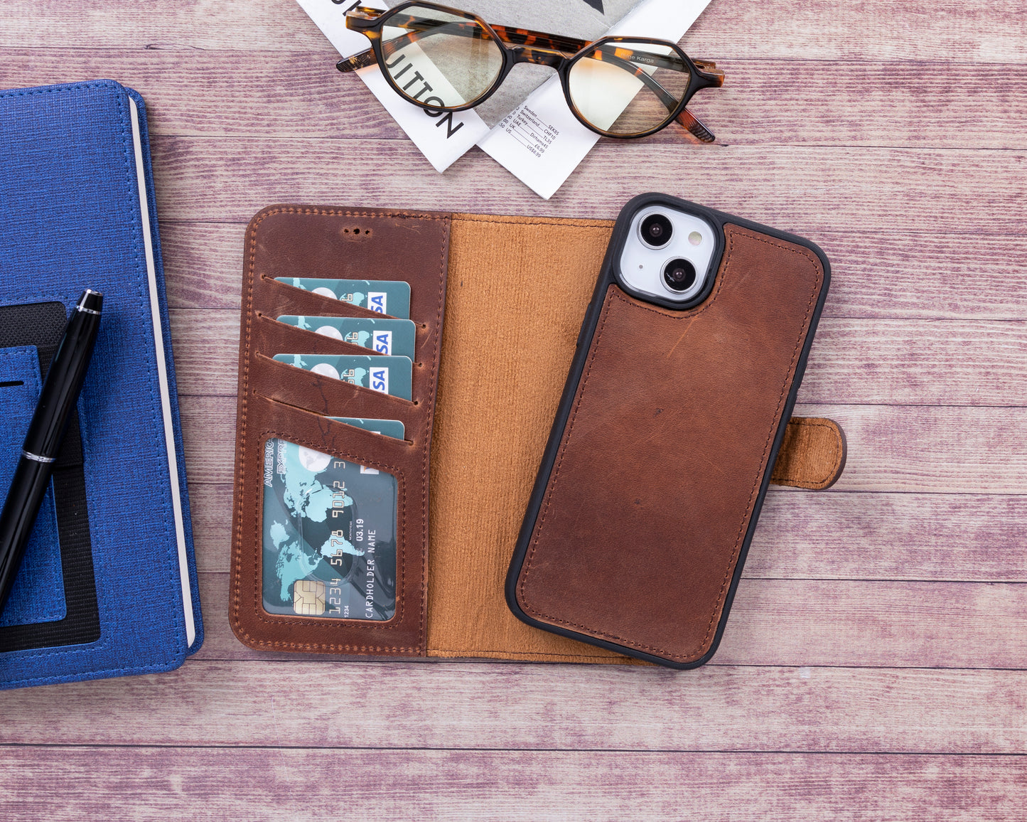 iPhone 14 Plus (6.7") Leather MagSafe RFID Detachable Wallet Case - Teak Brown