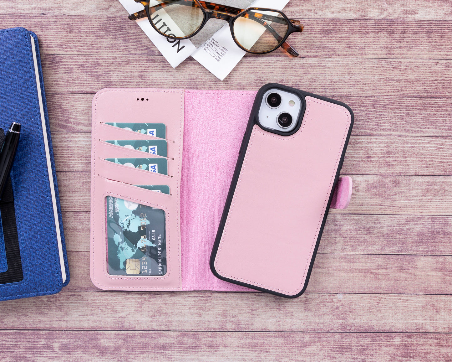 iPhone 14 Plus (6.7") Leather MagSafe RFID Detachable Wallet Case - Pink