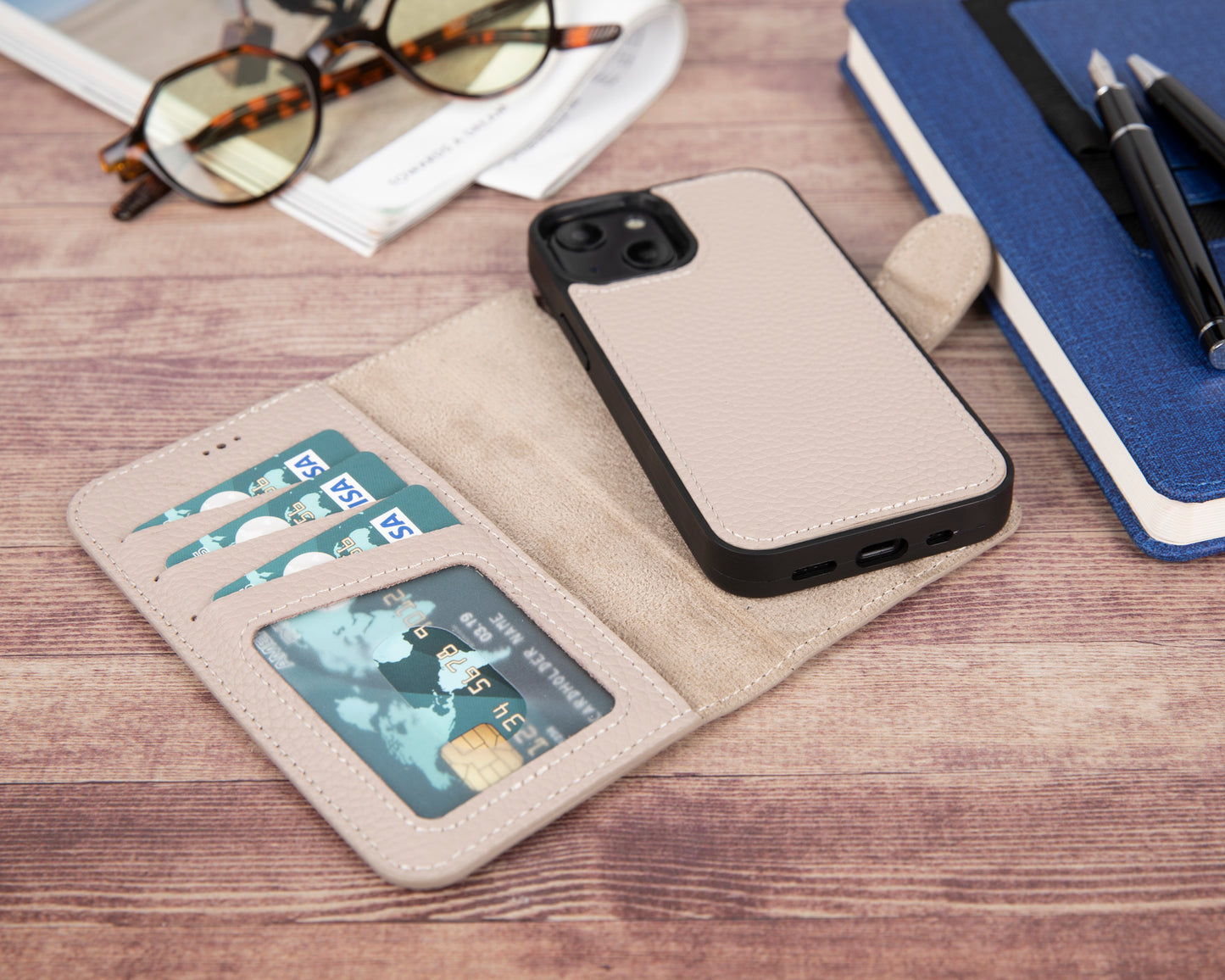 iPhone 13 (6.1") Leather MagSafe RFID Magnetic Detachable Wallet Case - Beige