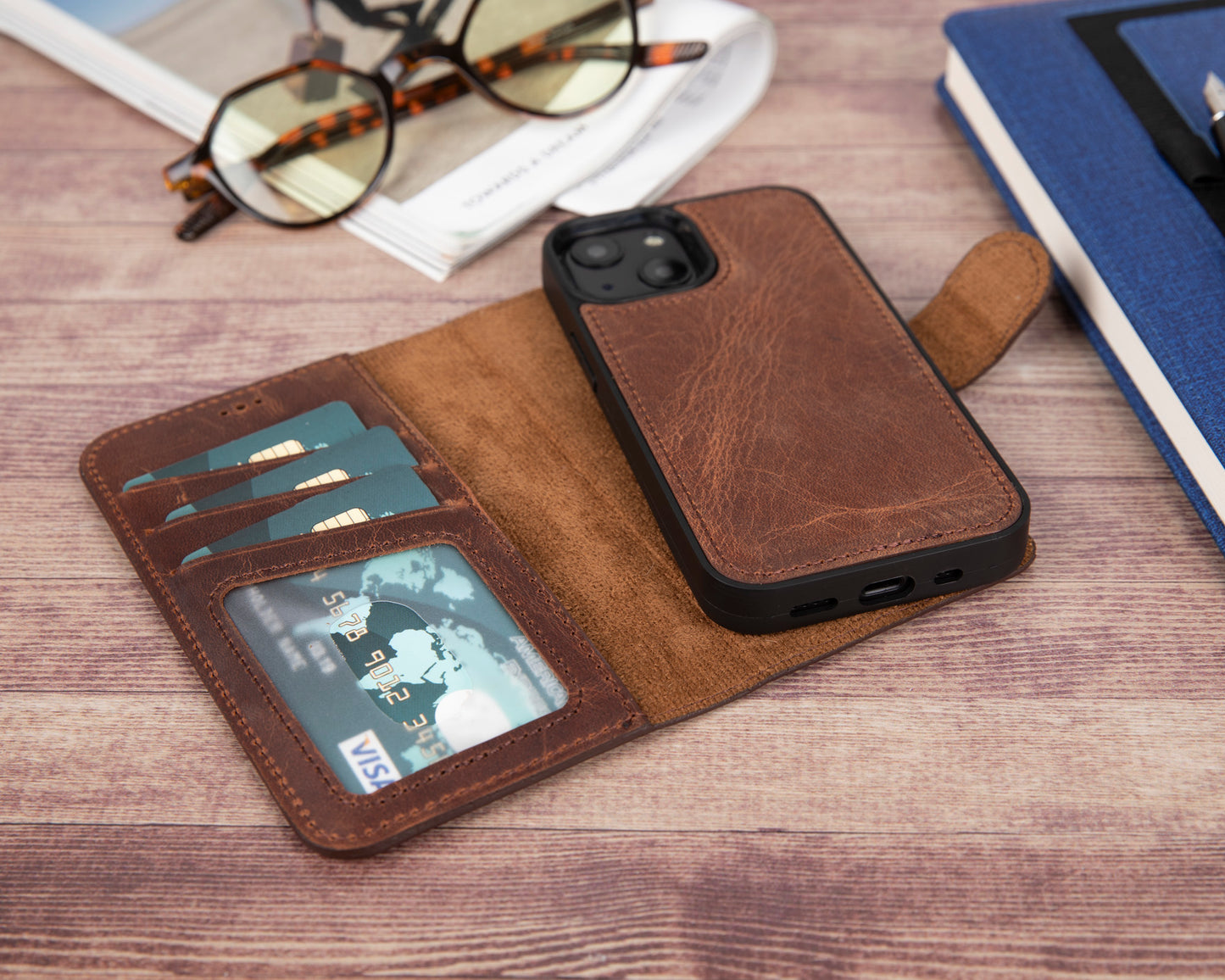 iPhone 13 Mini (5.4") Leather MagSafe RFID Magnetic Detachable Wallet Case - Teak Brown