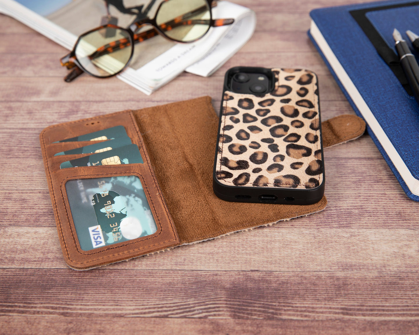 iPhone 13 Mini (5.4") Leather MagSafe RFID Magnetic Detachable Wallet Case - Furry Leopard