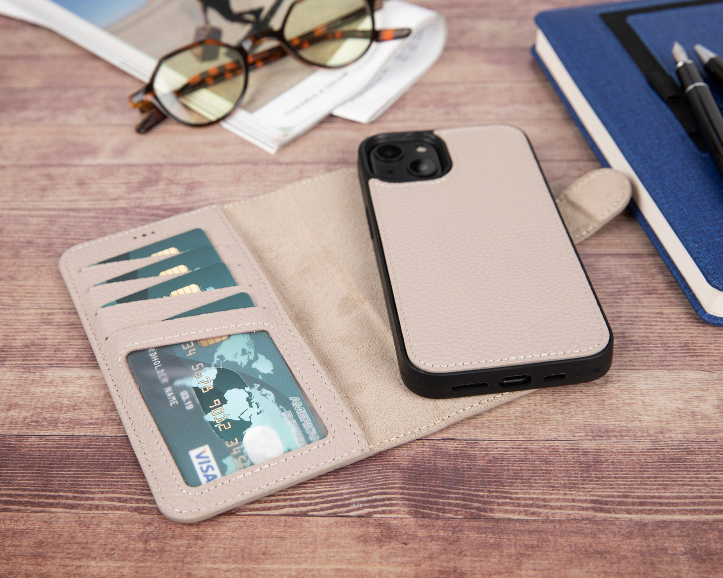 iPhone 13 Mini (5.4") Leather MagSafe RFID Magnetic Detachable Wallet Case - Beige