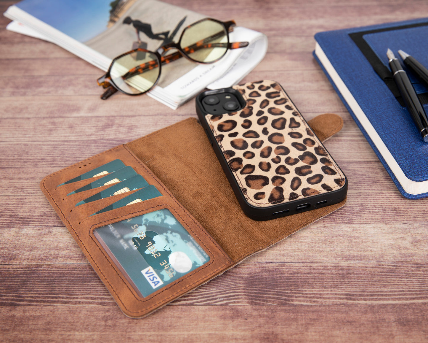 iPhone 13 (6.1") Leather MagSafe RFID Magnetic Detachable Wallet Case - Furry Leopard