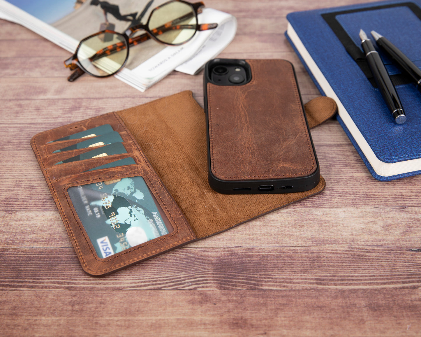 iPhone 13 (6.1") Leather MagSafe RFID Magnetic Detachable Wallet Case - Teak Brown