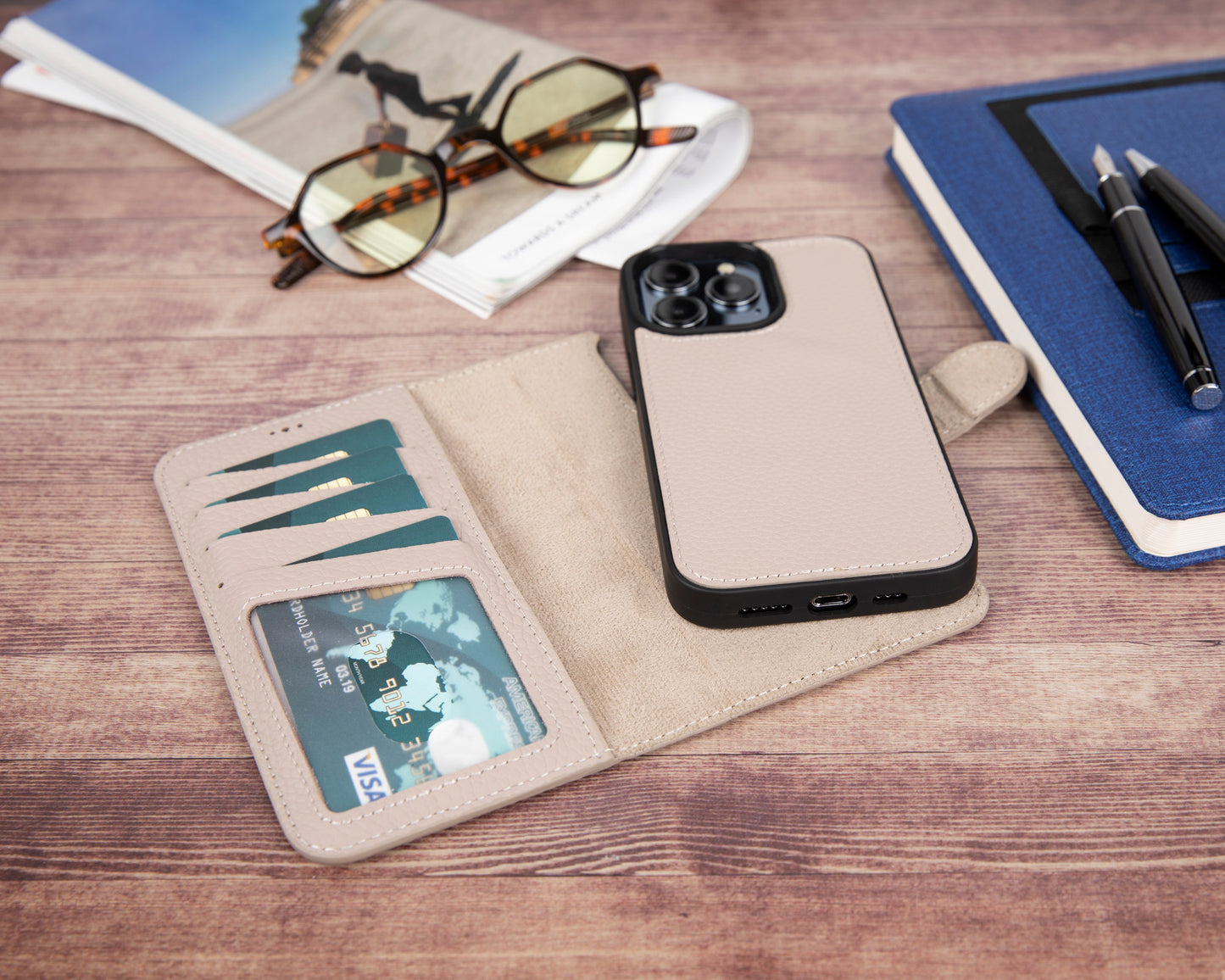 iPhone 13 Pro (6.1") Leather MagSafe RFID Magnetic Detachable Wallet Case - Beige