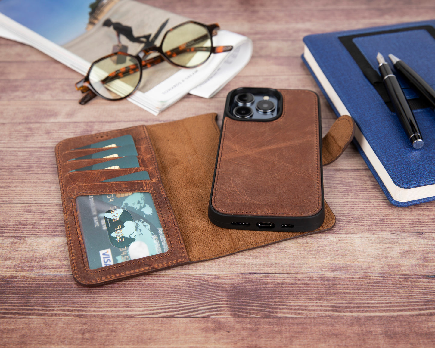 iPhone 13 Pro Max (6.7") Leather MagSafe RFID Magnetic Detachable Wallet Case - Teak Brown