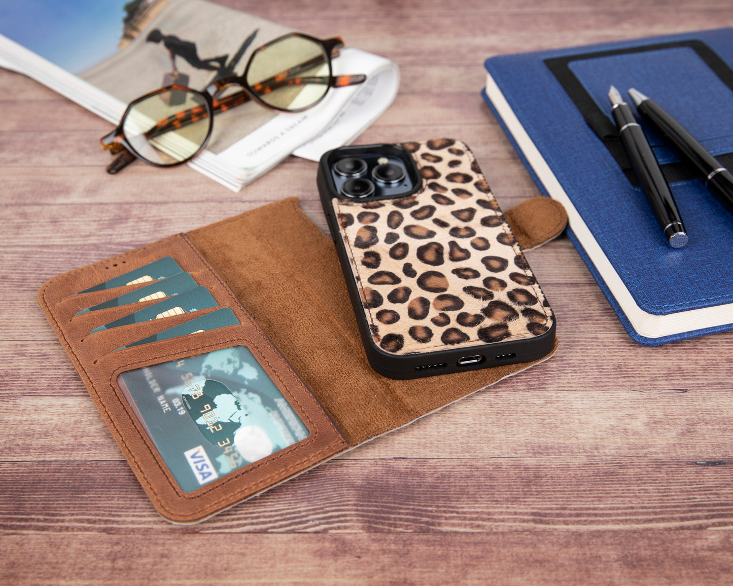 iPhone 13 Pro (6.1") Leather MagSafe RFID Magnetic Detachable Wallet Case - Furry Leopard