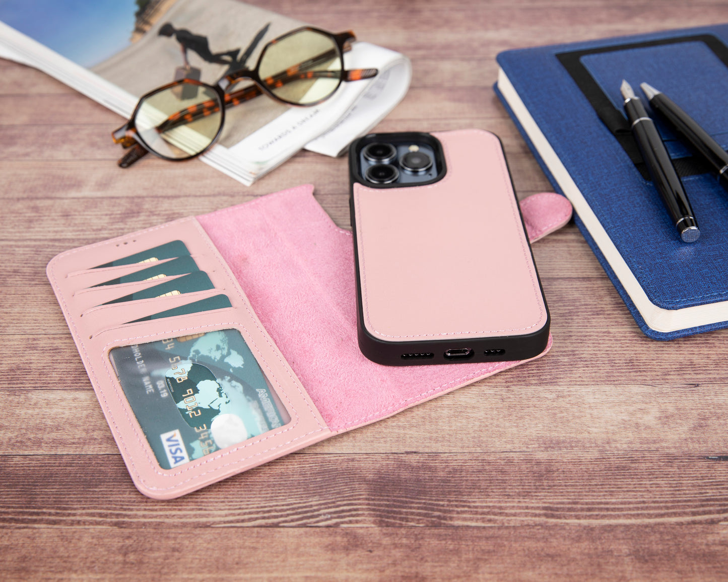 iPhone 13 Pro (6.1") Leather MagSafe RFID Magnetic Detachable Wallet Case - Pink