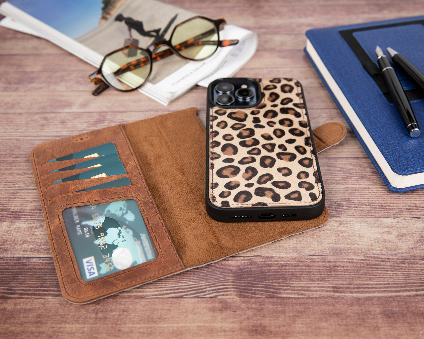 iPhone 13 Pro Max (6.7") Leather MagSafe RFID Magnetic Detachable Wallet Case - Furry Leopard
