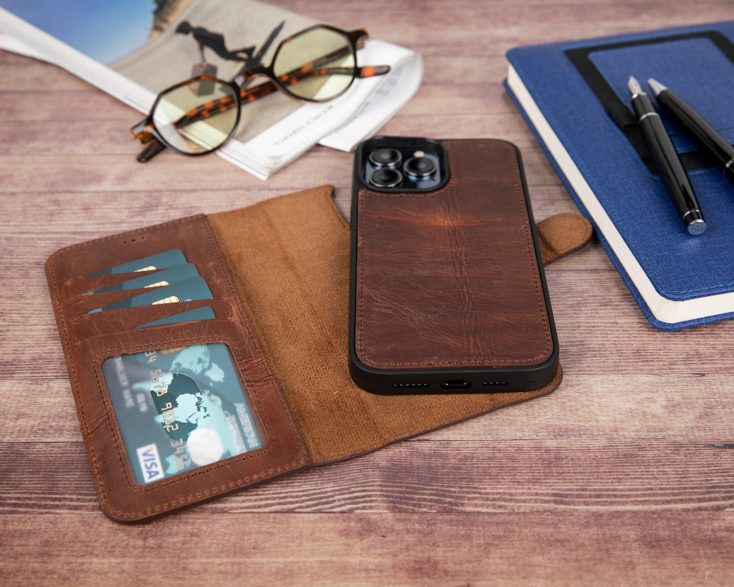 iPhone 13 Pro (6.1") Leather MagSafe RFID Magnetic Detachable Wallet Case - Teak Brown