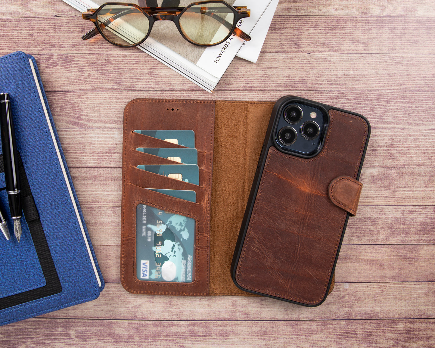 iPhone 13 Pro Max (6.7") Leather MagSafe RFID Magnetic Detachable Wallet Case - Teak Brown