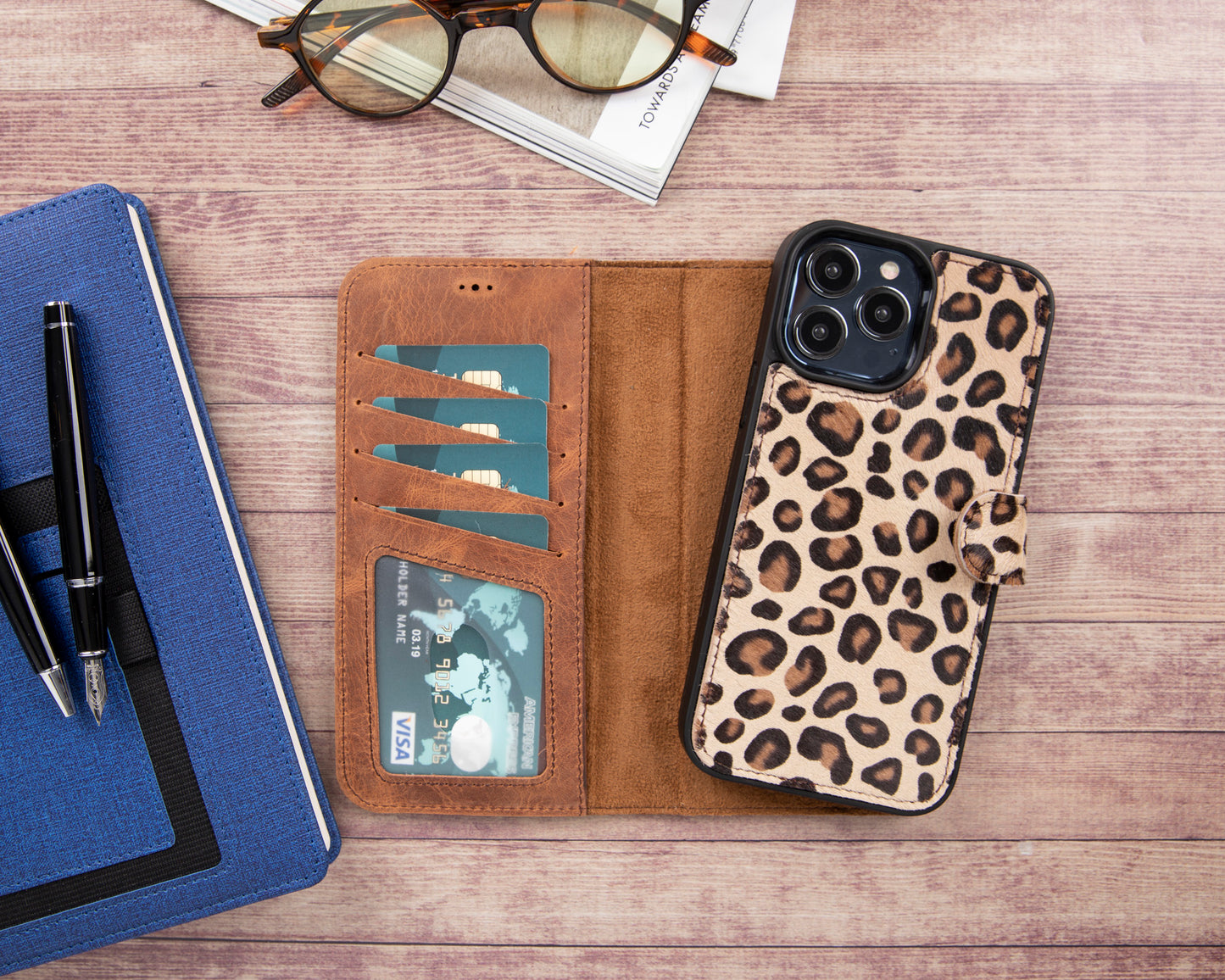 iPhone 13 Pro (6.1") Leather MagSafe RFID Magnetic Detachable Wallet Case - Furry Leopard