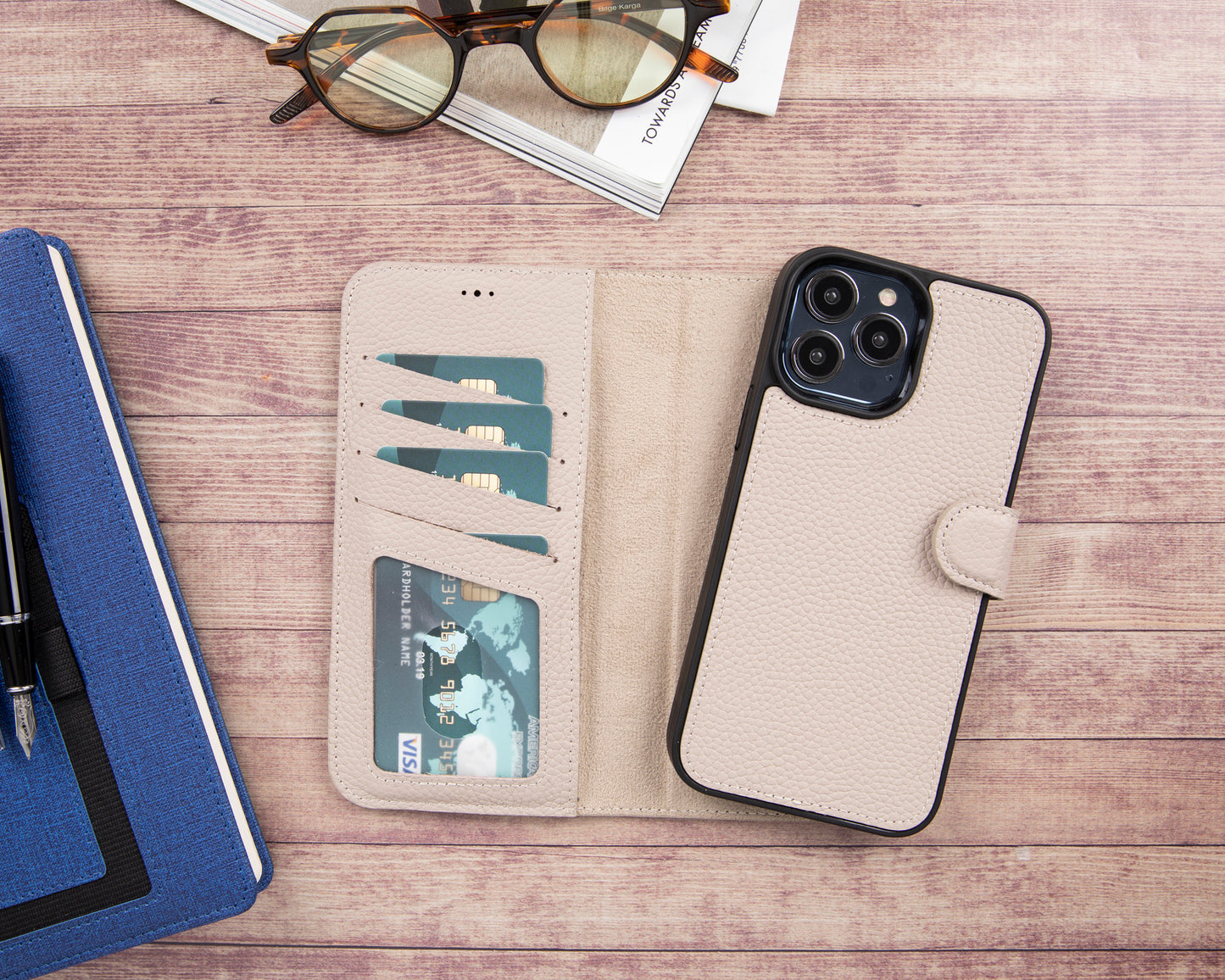 iPhone 13 Pro (6.1") Leather MagSafe RFID Magnetic Detachable Wallet Case - Beige
