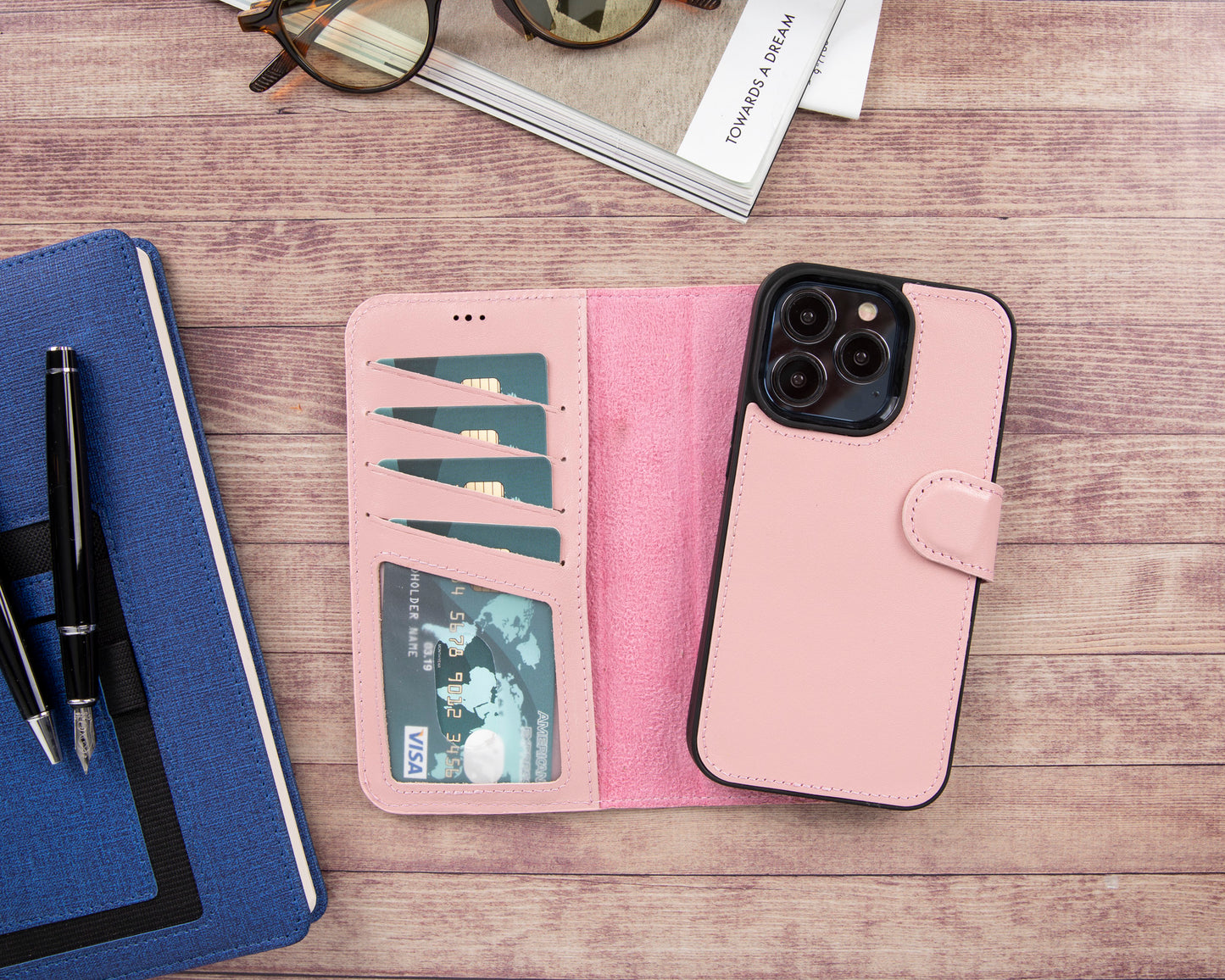 iPhone 13 Pro (6.1") Leather MagSafe RFID Magnetic Detachable Wallet Case - Pink