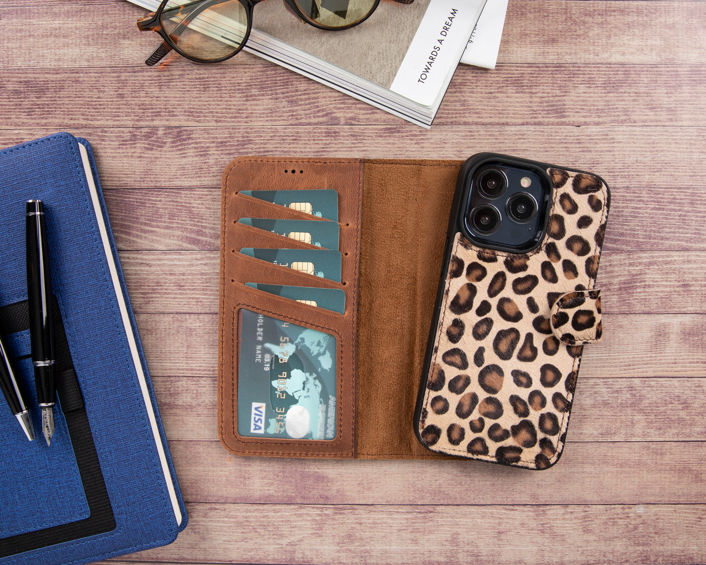 iPhone 13 Pro Max (6.7") Leather MagSafe RFID Magnetic Detachable Wallet Case - Furry Leopard