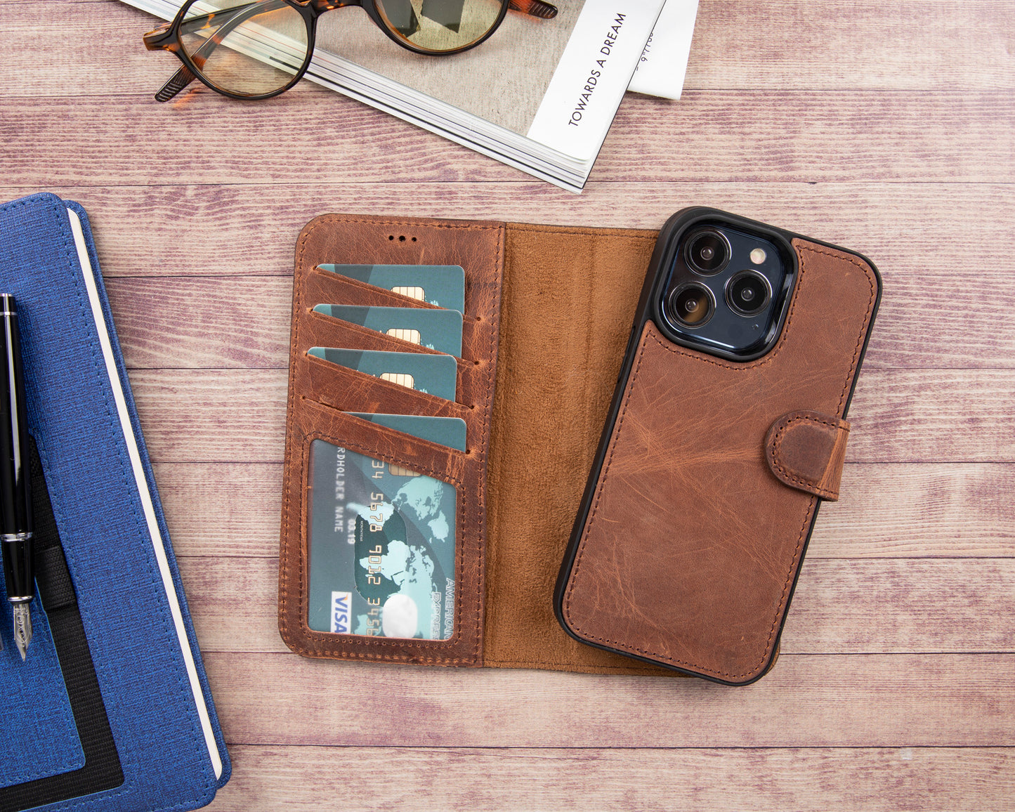 iPhone 13 Pro (6.1") Leather MagSafe RFID Magnetic Detachable Wallet Case - Teak Brown