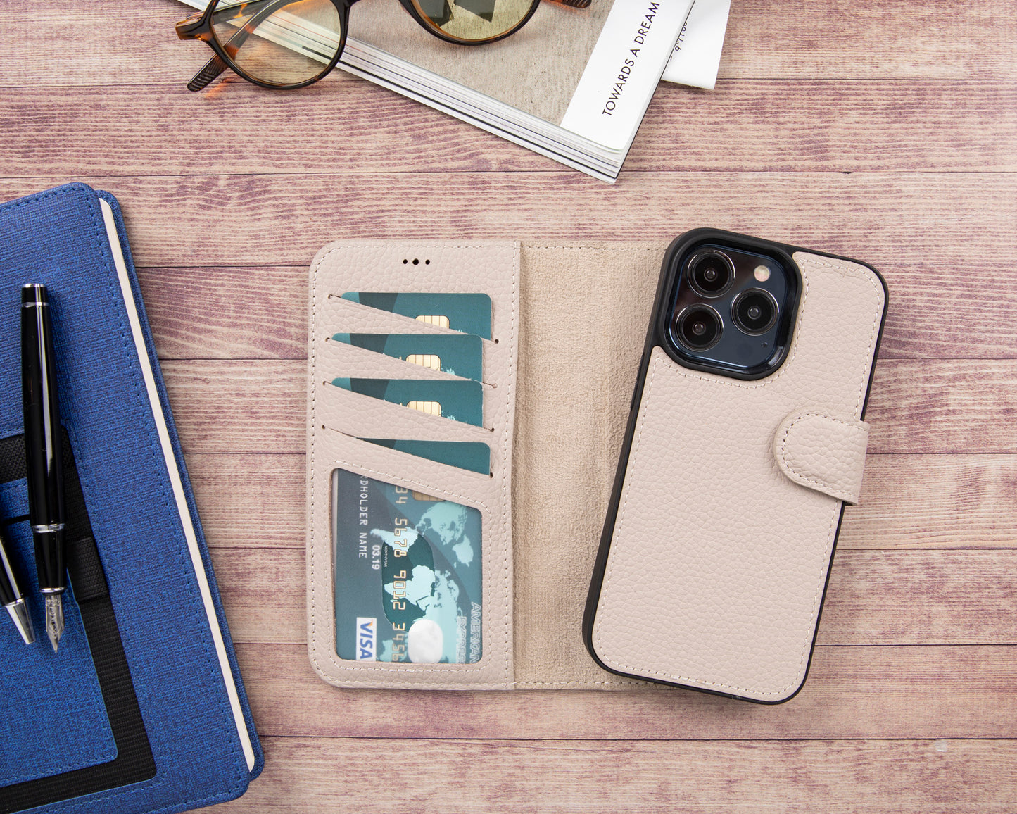 iPhone 13 Pro Max (6.7") Leather MagSafe RFID Magnetic Detachable Wallet Case - Beige