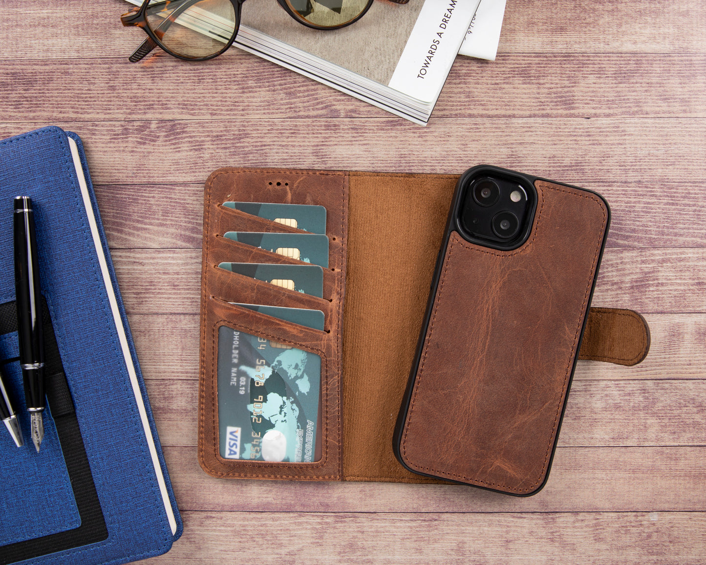 iPhone 13 (6.1") Leather MagSafe RFID Magnetic Detachable Wallet Case - Teak Brown
