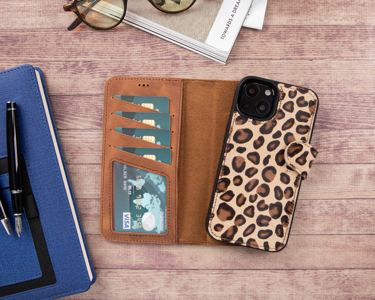 iPhone 13 (6.1") Leather MagSafe RFID Magnetic Detachable Wallet Case - Furry Leopard