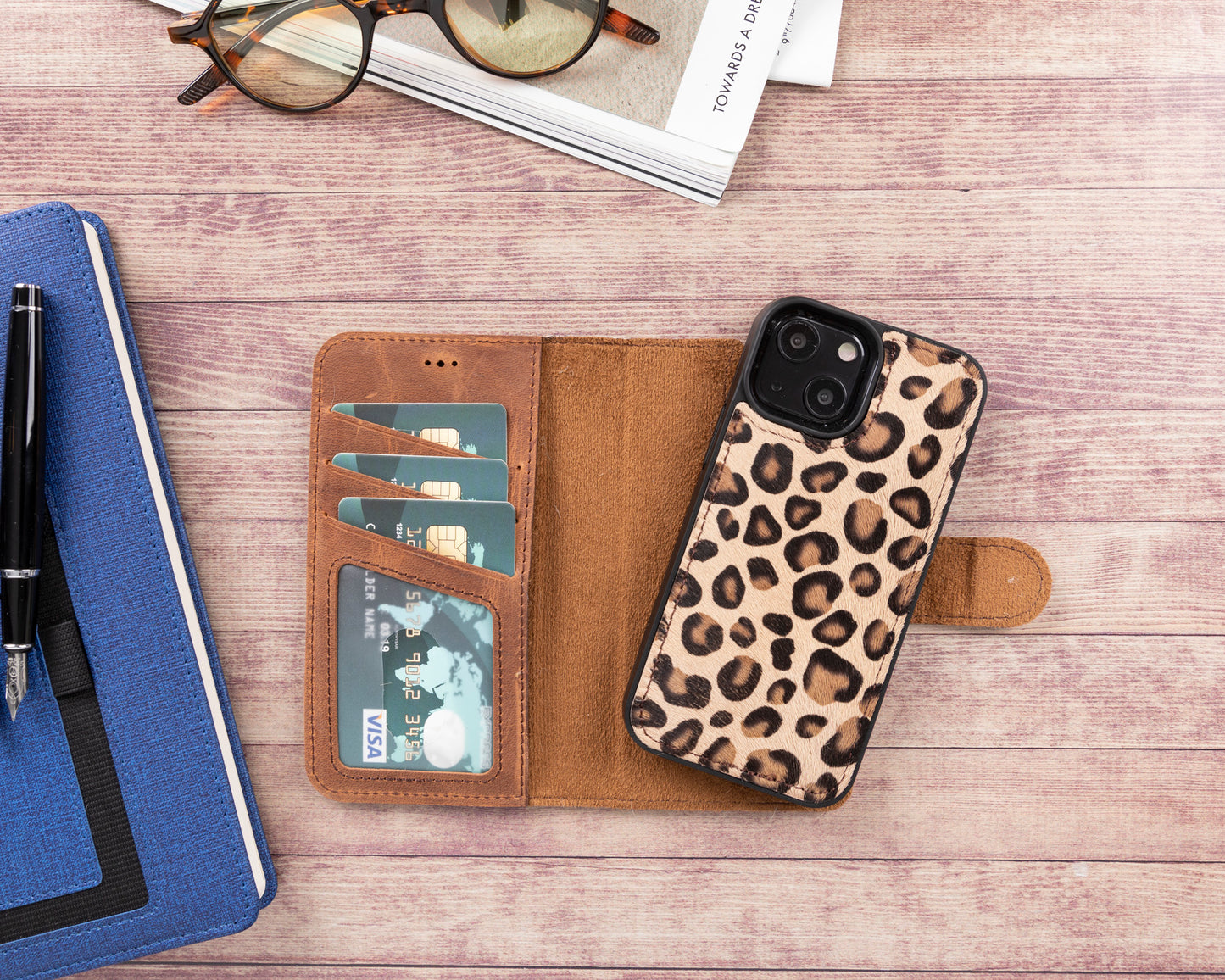 iPhone 13 Mini (5.4") Leather MagSafe RFID Magnetic Detachable Wallet Case - Furry Leopard