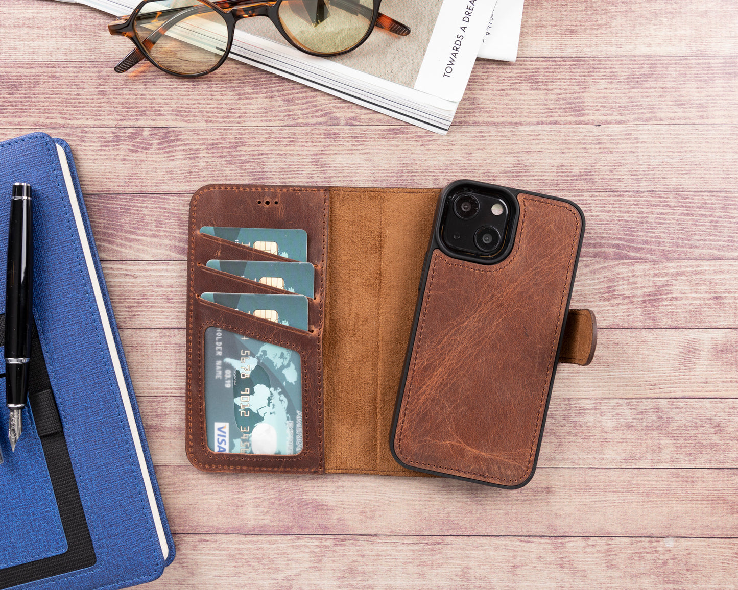 iPhone 13 Mini (5.4") Leather MagSafe RFID Magnetic Detachable Wallet Case - Teak Brown