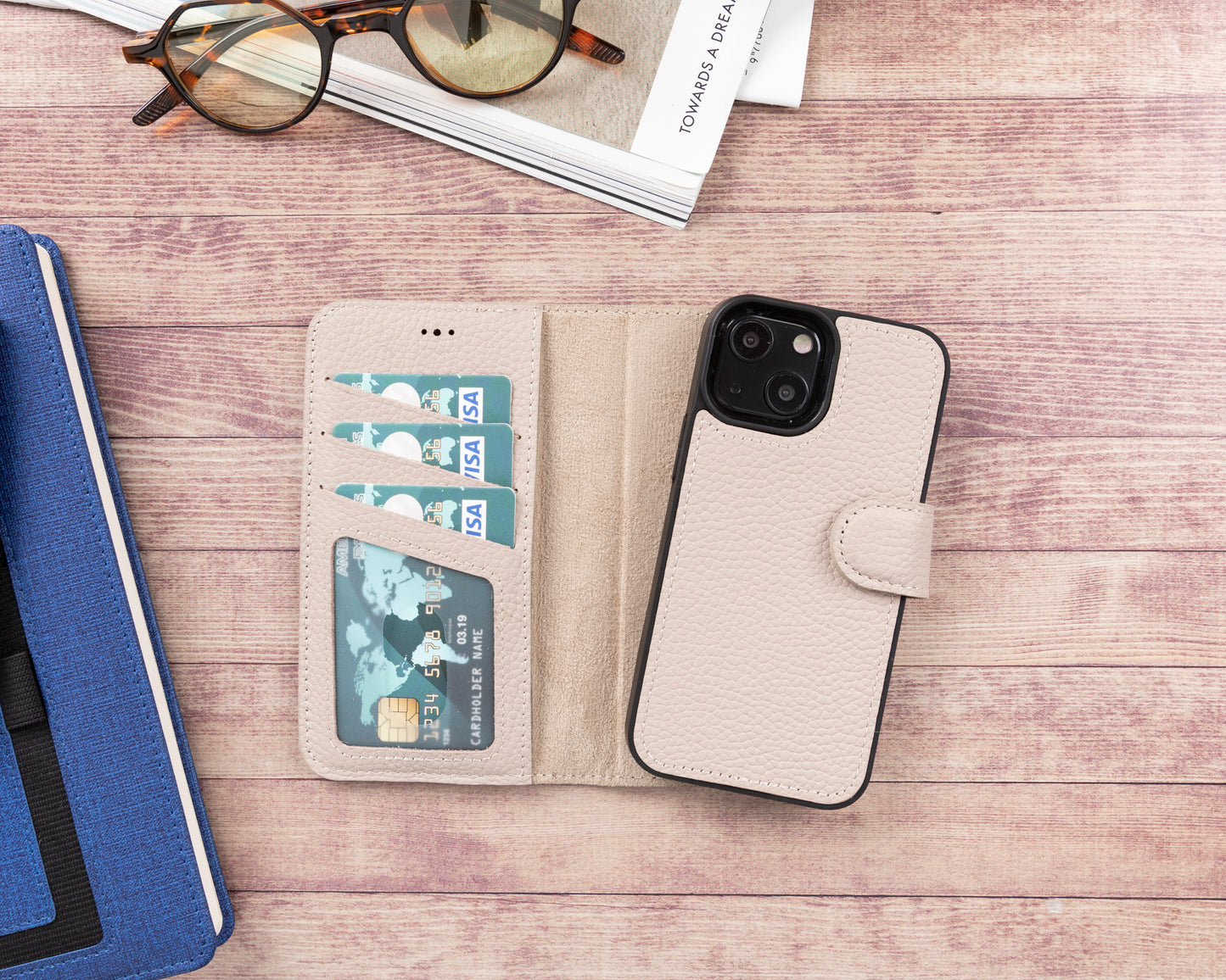 iPhone 13 Mini (5.4") Leather MagSafe RFID Magnetic Detachable Wallet Case - Beige