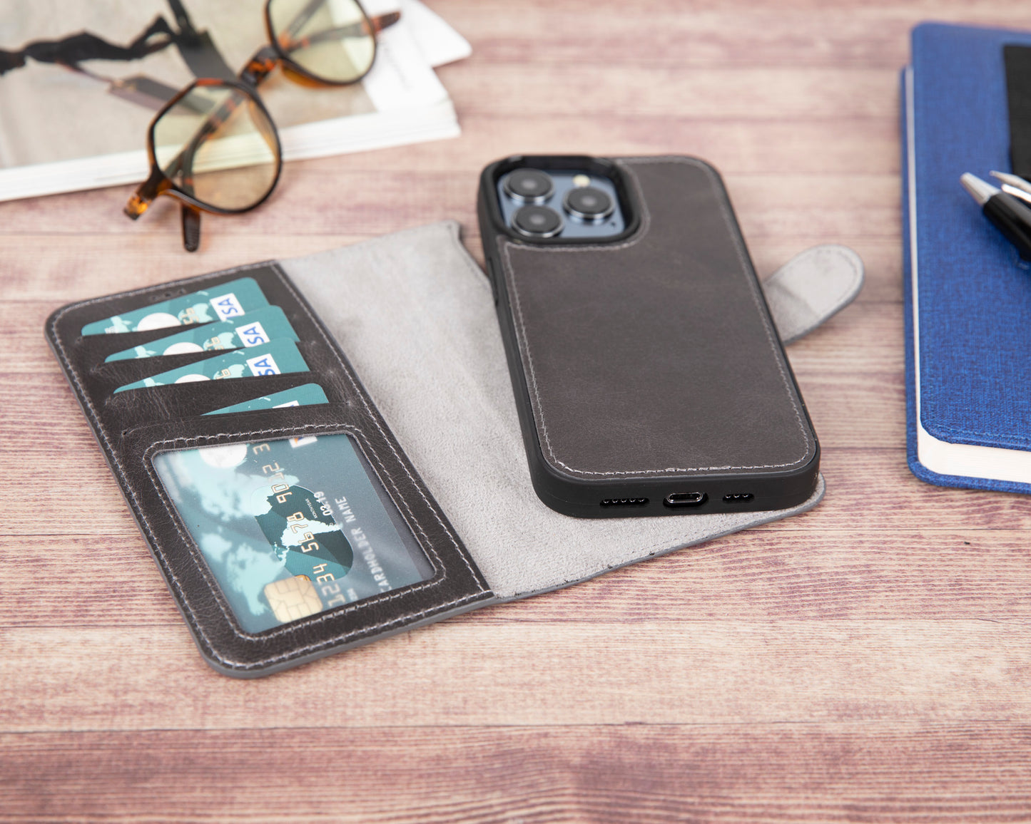 iPhone 13 Pro (6.1") Leather MagSafe RFID Magnetic Detachable Wallet Case - Rustic Black